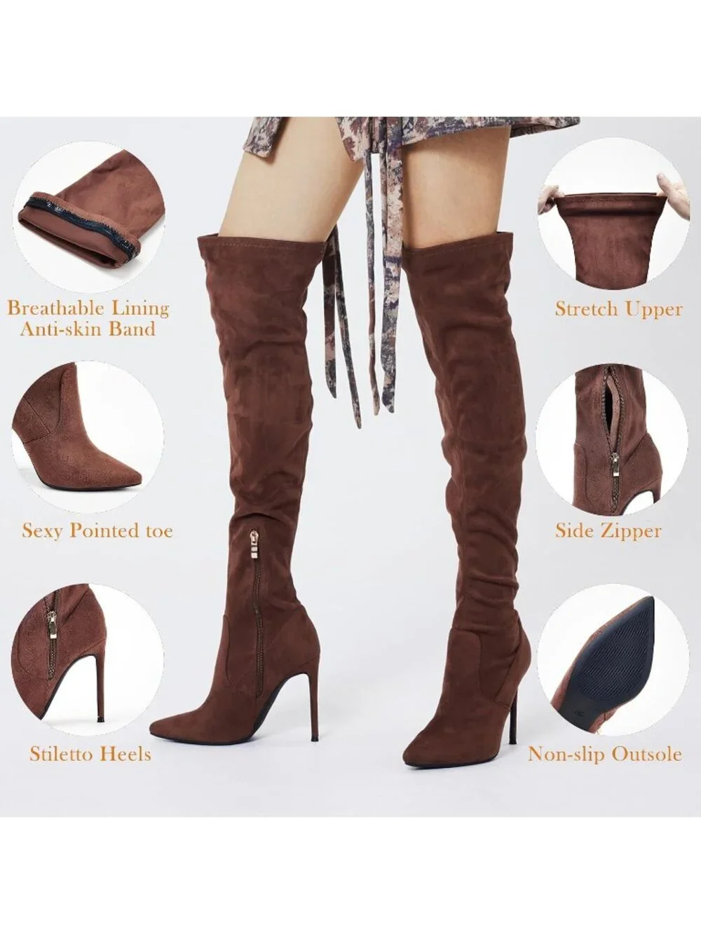 🆕 Women's Faux Suede Brown Over The Knee Boot Stiletto Pointed Toe High Heel